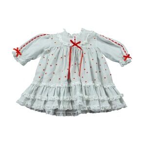 Vintage 12M Cutest One Baby Girl Apple Print Lace Ruffle Dress Gray Red Prairie